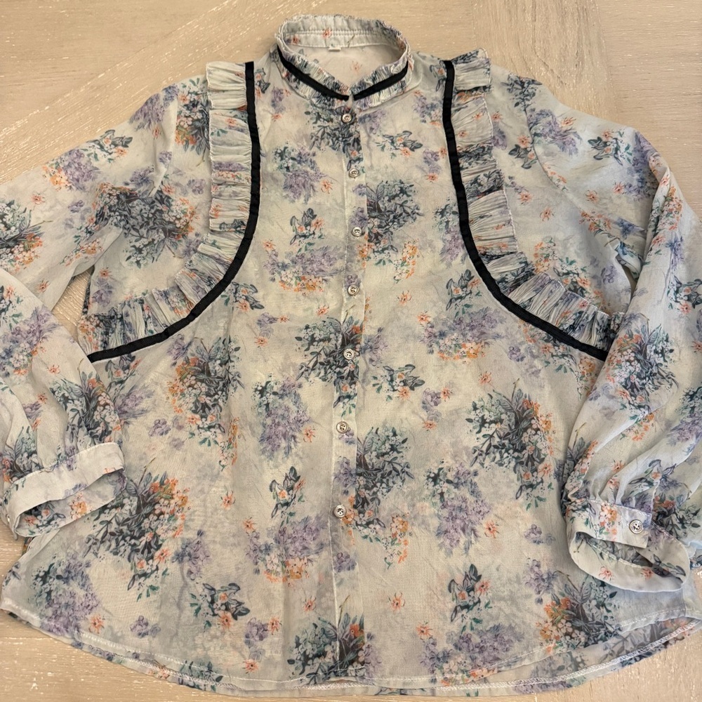 Mint floral Puff Sleeve Ruffled Blouse with Black accents pastel goth mock neck - Picture 2 of 11